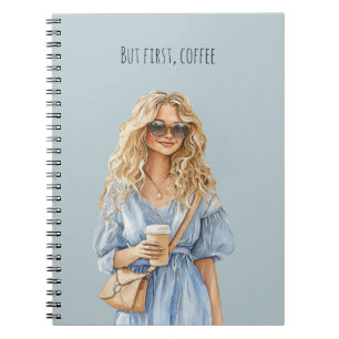 Blond Girl Blue Dress But First, Coffee Notebook