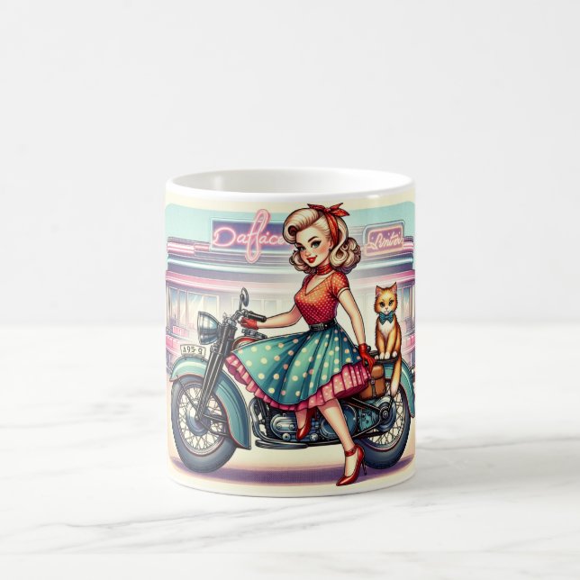 Blond girl on a bike with her ginger cat pin up st coffee mug (Center)