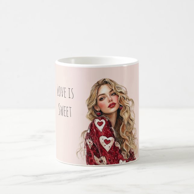 Blond Girl Red Hearts Valentine's Day Love Coffee Mug (Center)