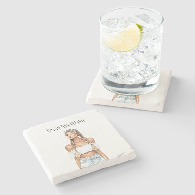 Blond Hair Girl Braids Jeans Stone Coaster (Side)