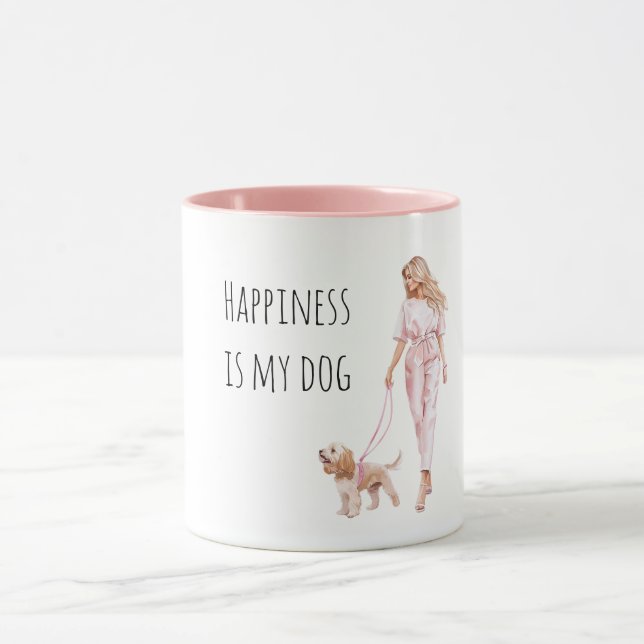 Blond Hair Lady Walking Dog   Mug (Center)