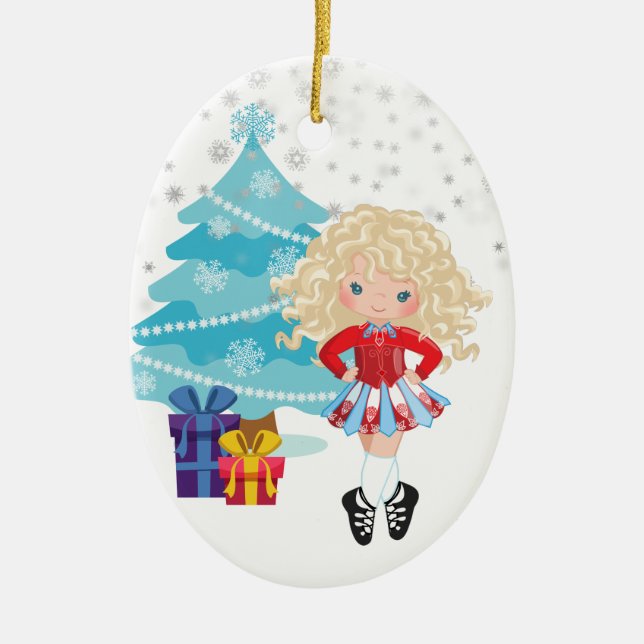 Blond Irish Dancer Winter Christmas Holiday Ceramic Tree Decoration (Front)