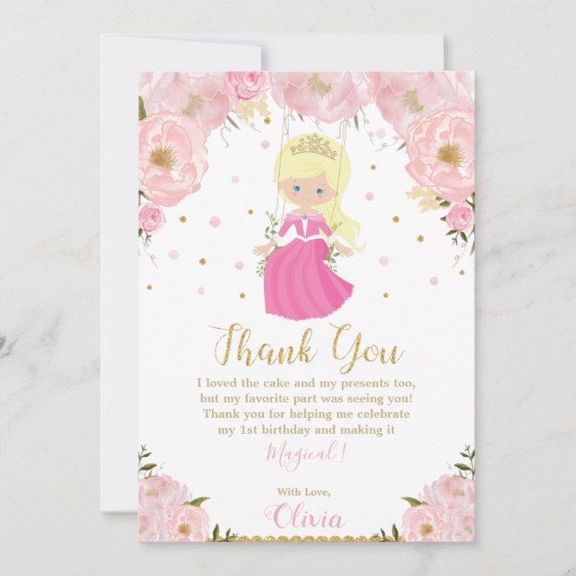 Blond Princess 1st First Birthday Pink Floral Thank You Card (Front)