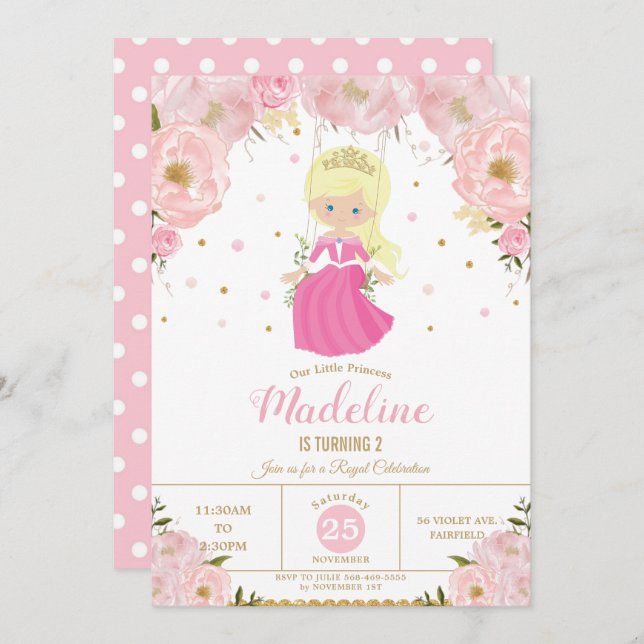 Blond Princess Pink Floral Birthday Party Invitation (Front/Back)