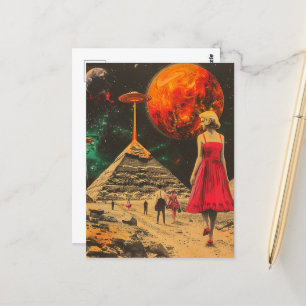 Blond Woman in Red Dress With UFOs at Pyramid Postcard