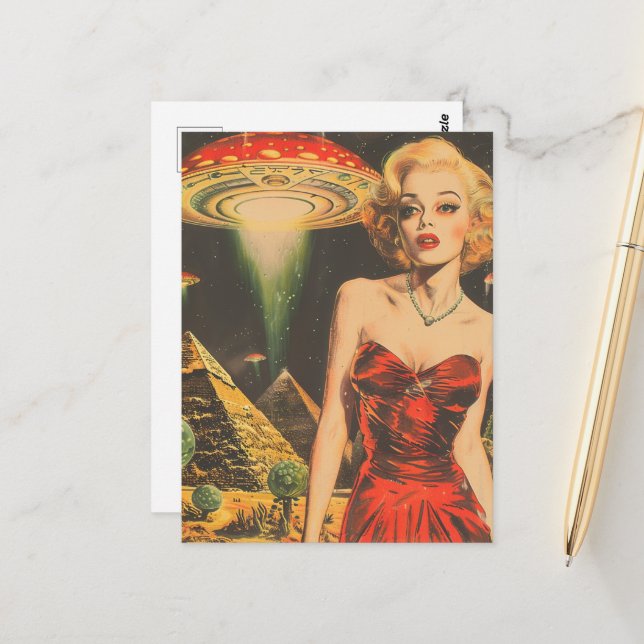 Blonde and the UFO Pyramid Desert  Scifi Fantasy Postcard (Front/Back In Situ)