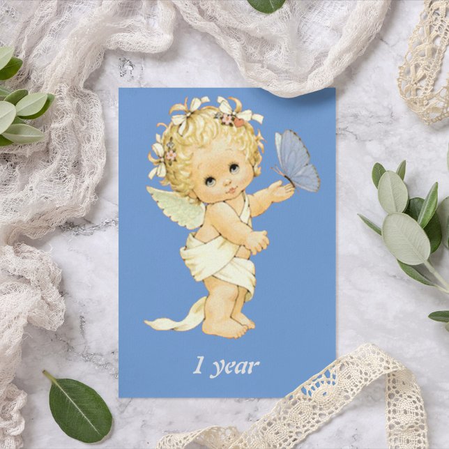 Blonde Angel baby with a butterfly. One year Cake  Holiday Card (Creator Uploaded)