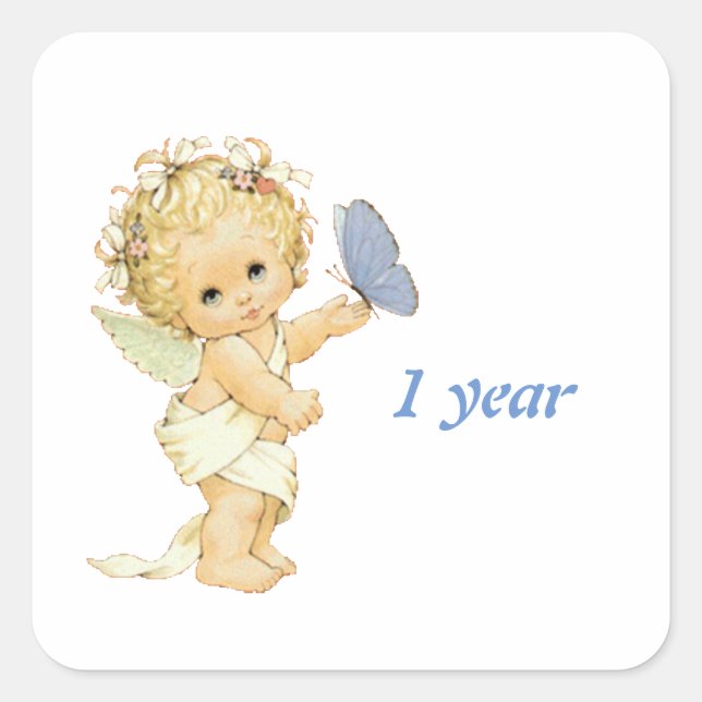 Blonde Angel baby with a butterfly. One year Cake  Square Sticker (Front)