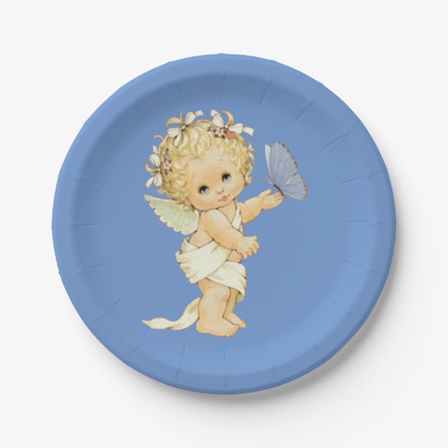 Blonde Angel baby with a butterfly. Paper Plate (Front)