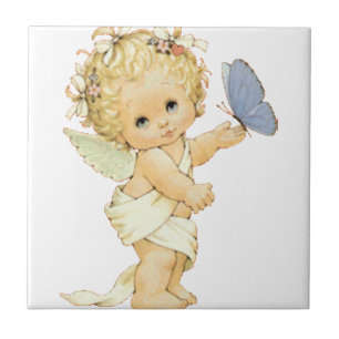 Blonde Angel baby with a butterfly. Tile
