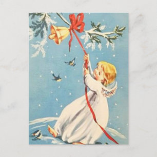 Blonde Angel Ringing a Gold Bell Red Bow Postcard
