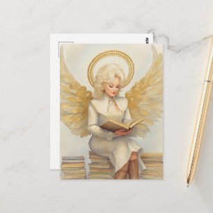 Blonde Angel Woman Sitting on Books Reading a Boo Postcard