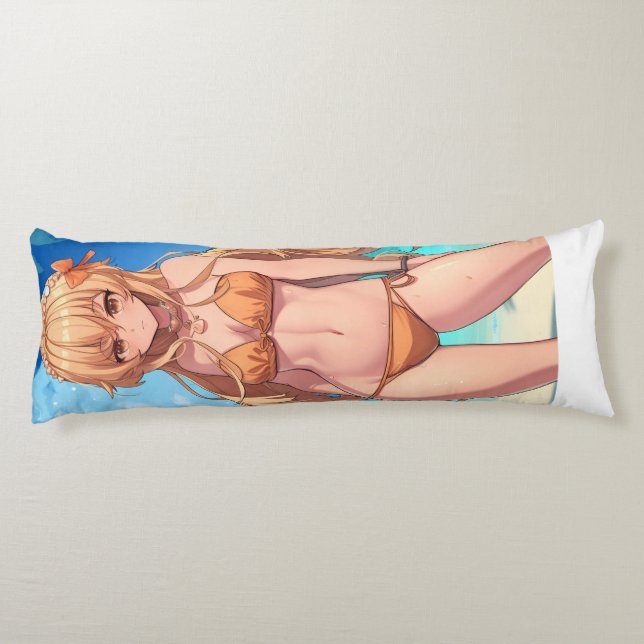 Blonde Anime Beach Girl In A Swimsuit Body Cushion (Back)