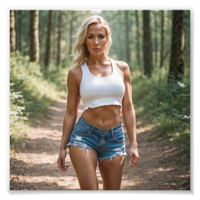 Blonde Babe in Denim Shorts Wandering in Forest Photo Print (Front)