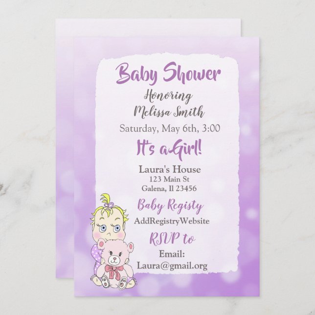Blonde Baby Girl with Teddy Bear Baby showier Invitation (Front/Back)