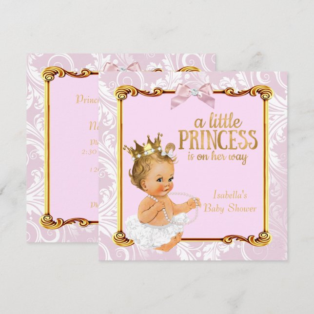 Blonde Baby Princess Baby Shower White Pink Gold Invitation (Front/Back)