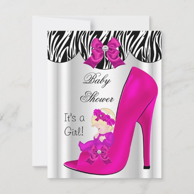 Blonde Baby Shower Girl Pink Baby Shoe Purple Invitation (Front)