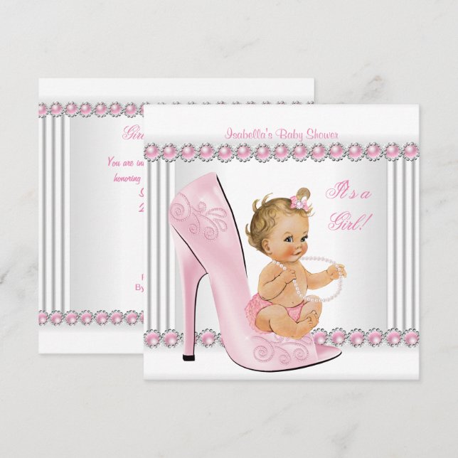 Blonde Baby Shower Girl Pink Pearl High Heel Shoes Invitation (Front/Back)
