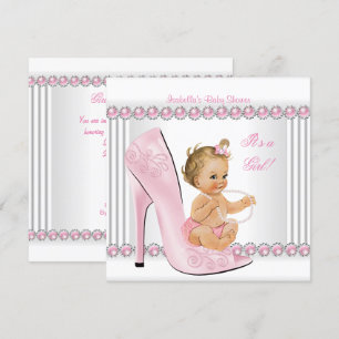 Blonde Baby Shower Girl Pink Pearl High Heel Shoes Invitation