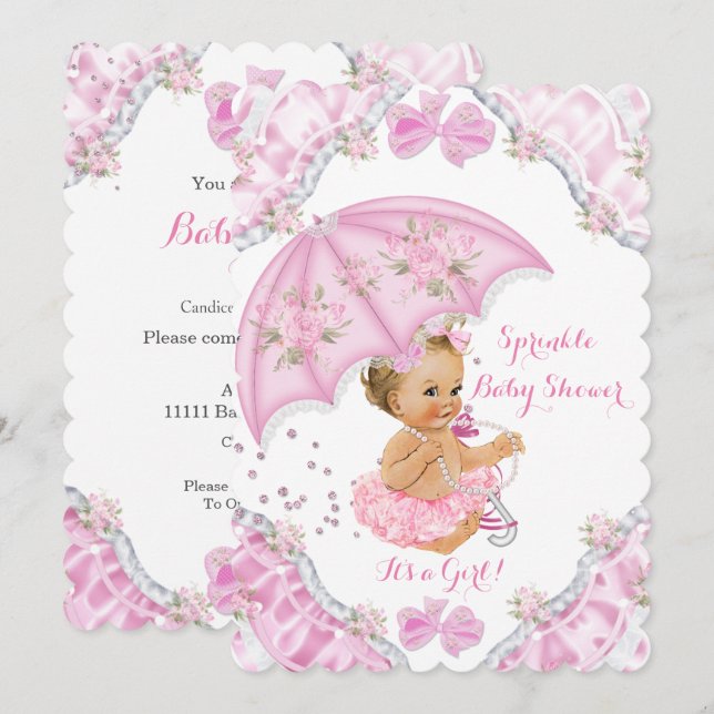 Blonde Baby Shower Pink Umbrella Girl Flowers Invitation (Front/Back)