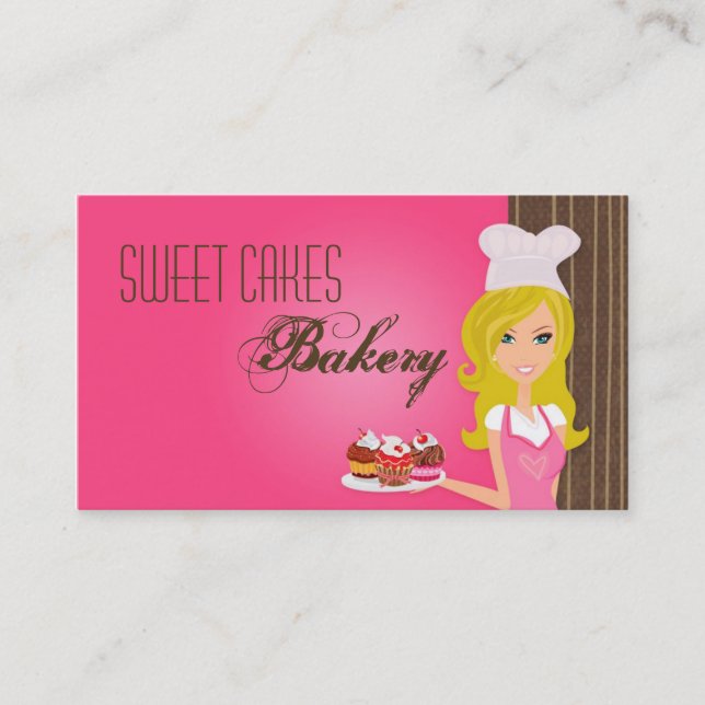 Blonde Baker on Pink Brown Cup Cakes Business Card (Front)