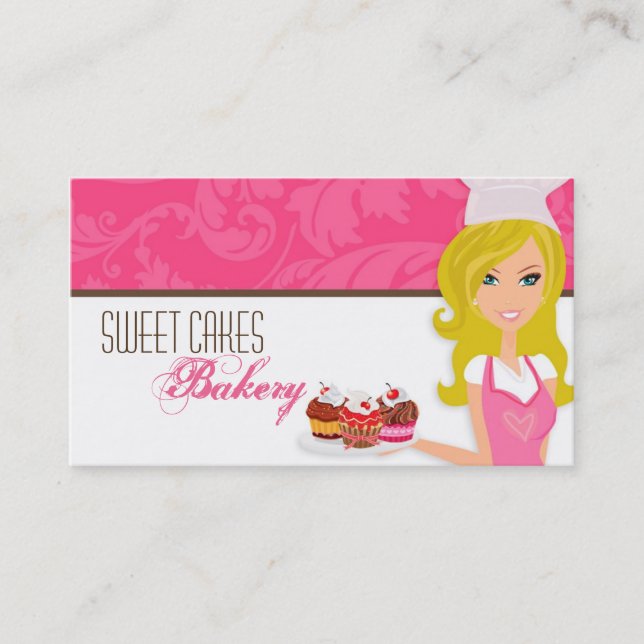 Blonde Baker on Pink Brown Cup Cakes Business Card (Front)