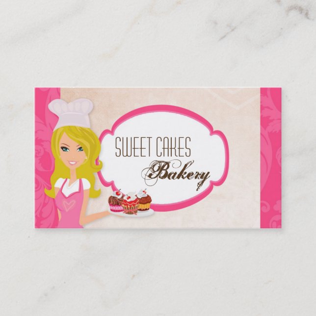 Blonde Baker on Pink Brown Cup Cakes Business Card (Front)