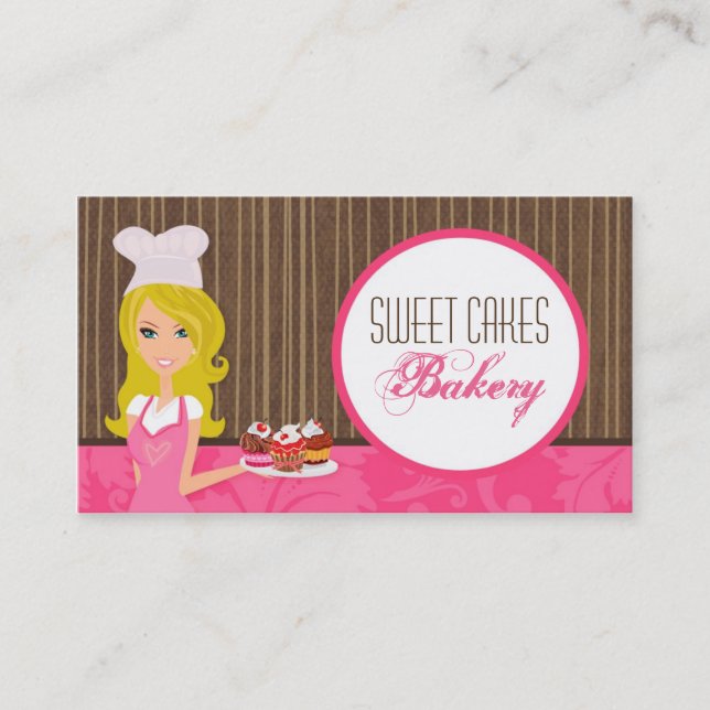 Blonde Baker on Pink Brown Cup Cakes Business Card (Front)
