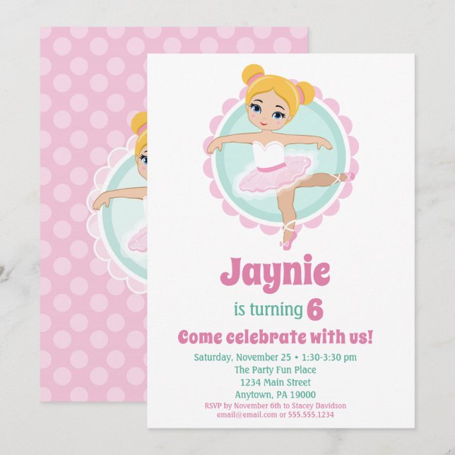 Blonde Ballerina Ballet Dancing Birthday Party Invitation (Front/Back)