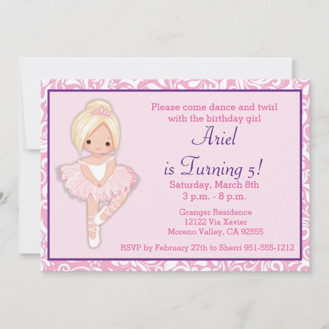 Blonde Ballerina Birthday Invitation (Front)