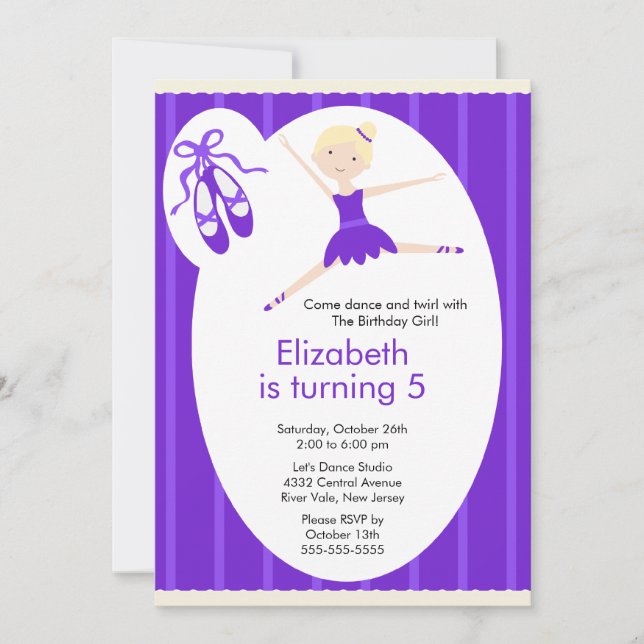 Blonde Ballerina Dance Birthday Invitation Purple (Front)