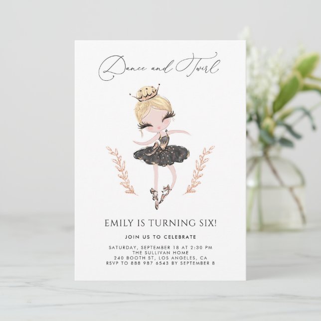 Blonde Ballerina in Black Dress Glitter Birthday Invitation (Standing Front)