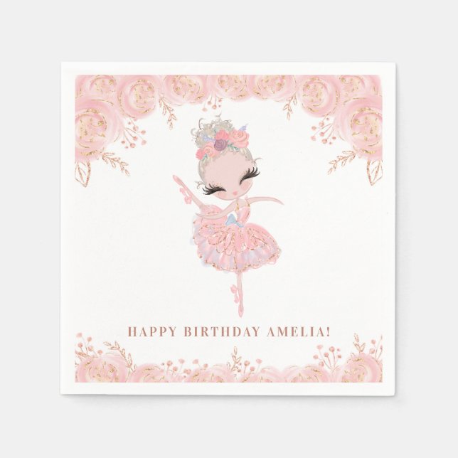 Blonde Ballerina in Pink Dress Floral Birthday Napkin (Front)