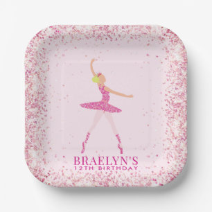 Blonde Ballerina in Pink Glitter Dress Birthday Paper Plate
