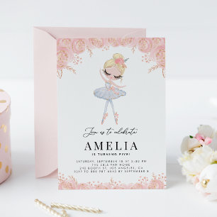 Blonde Ballerina in White Dress Floral Birthday Invitation