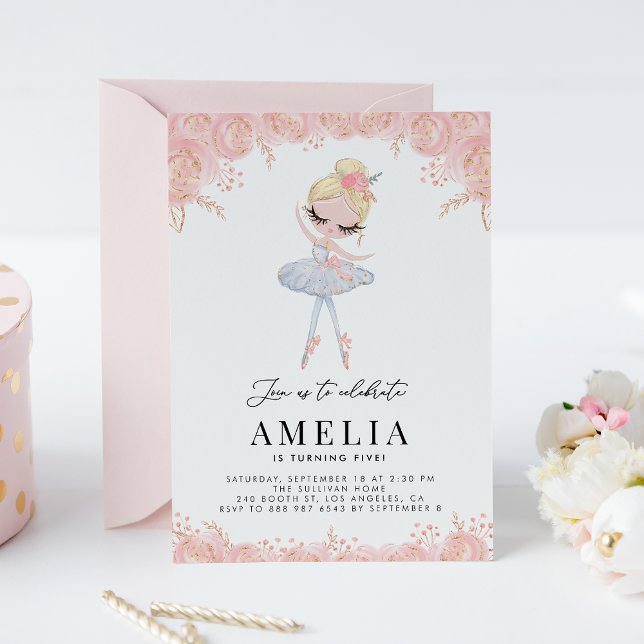 Blonde Ballerina in White Dress Floral Birthday Invitation (Creator Uploaded)