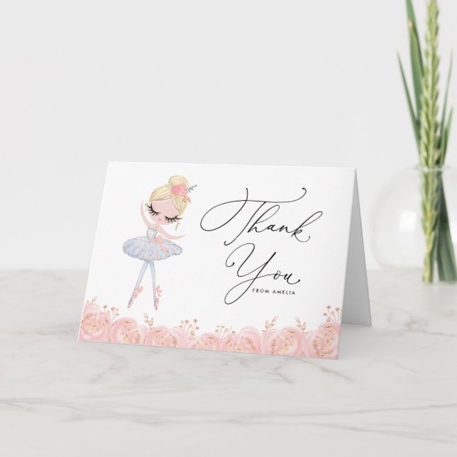 Blonde Ballerina in White Dress Floral Birthday Thank You Card (Front)