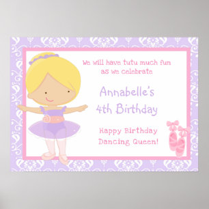 Blonde Ballerina & Purple Damask Birthday Poster