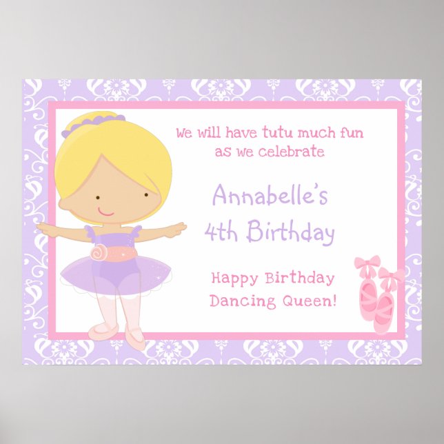 Blonde Ballerina & Purple Damask Birthday Poster (Front)