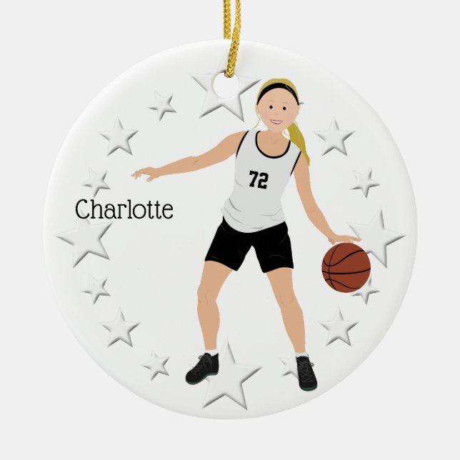 Blonde Basketball Girl In Black And White  Ceramic Tree Decoration (Front)