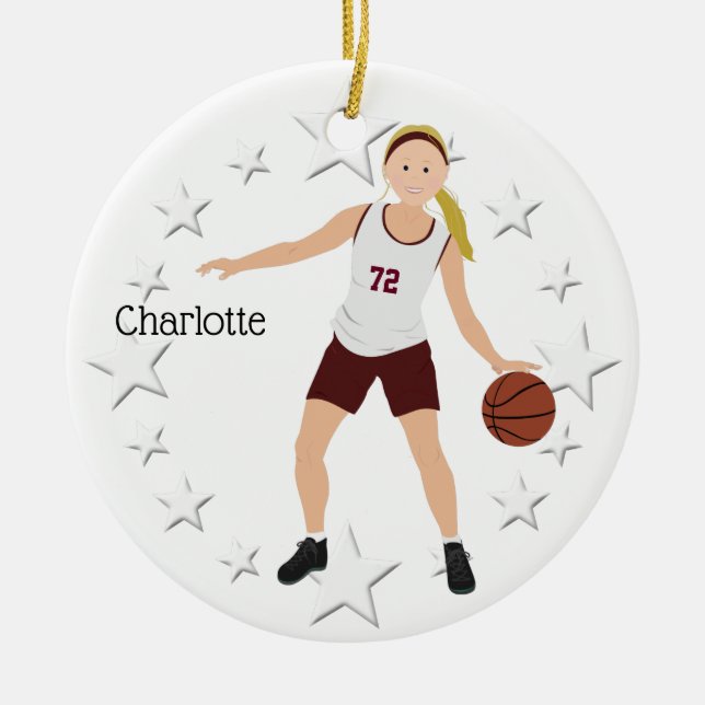 Blonde Basketball Girl In Maroon And White Ceramic Tree Decoration (Front)