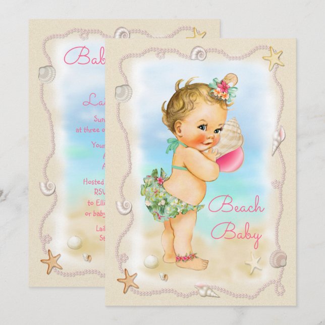 Blonde Beach Baby Conch Shell Baby Shower Invitation (Front/Back)