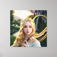 Blonde Beautiful Muse Playing a Harp