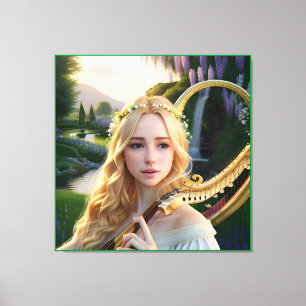 Blonde Beautiful Muse Playing a Harp Canvas Print