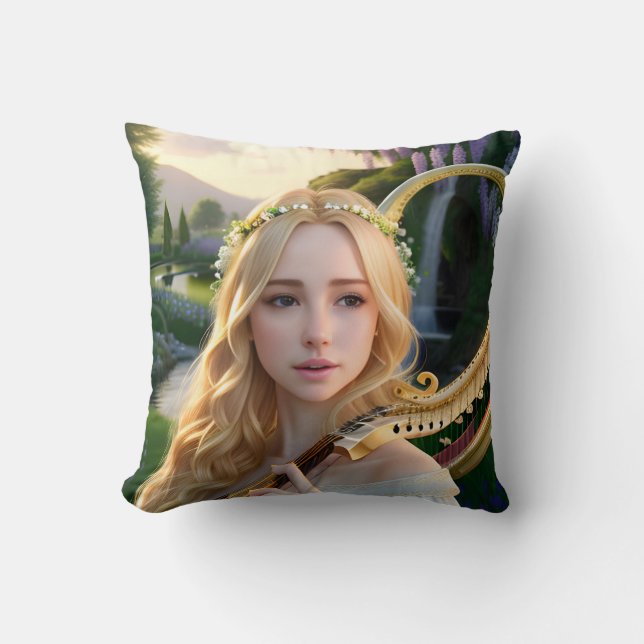 Blonde Beautiful Muse Playing a Harp Cushion (Front)