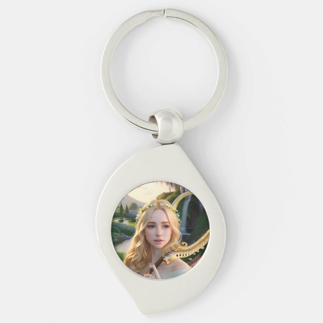 Blonde Beautiful Muse Playing a Harp Key Ring (Front)