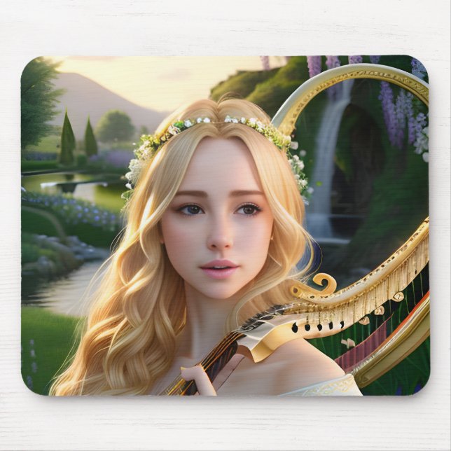 Blonde Beautiful Muse Playing a Harp Mouse Mat (Front)