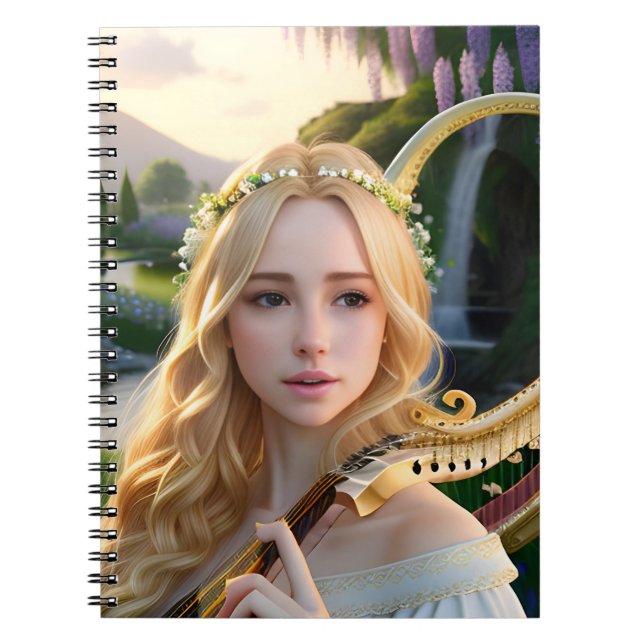 Blonde Beautiful Muse Playing a Harp Notebook (Front)