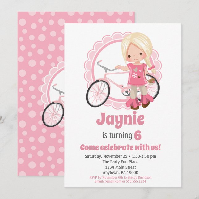 Blonde Bicycle Girl Birthday Invitation (Front/Back)
