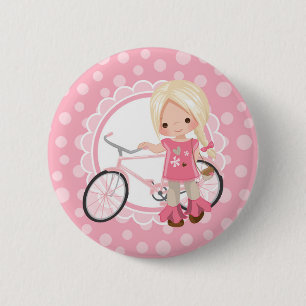 Blonde Bicycle Girl - Pink White 6 Cm Round Badge